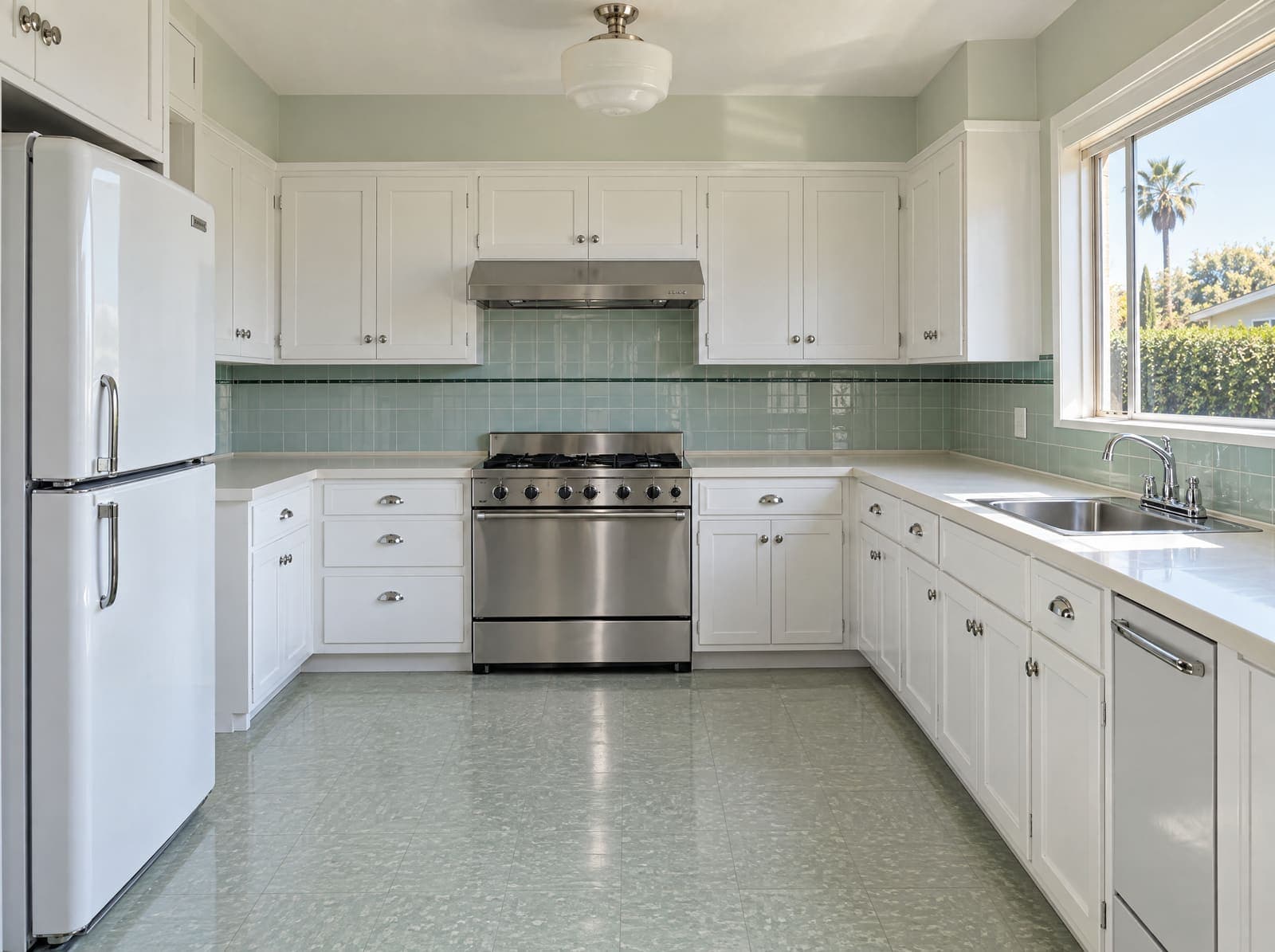 The same kitchen after a deep clean: range hood and stovetop gleaming, cabinet fronts wiped, counters completely clear, the floor clean and bright.
