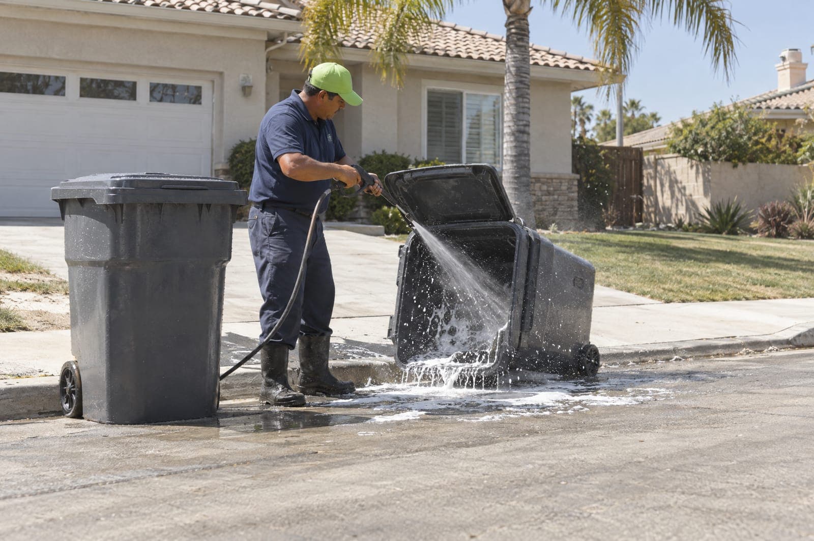 A worker in a navy polo and lime cap pressure-washing the inside of a tipped-open wheelie bin at the curb, suds running onto the street.