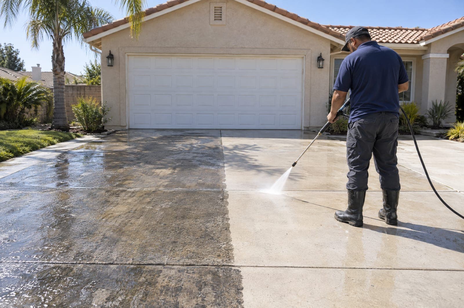 A worker pressure-washing a concrete driveway, with a sharp line across the slab between the cleaned pale concrete and the grey unwashed half.