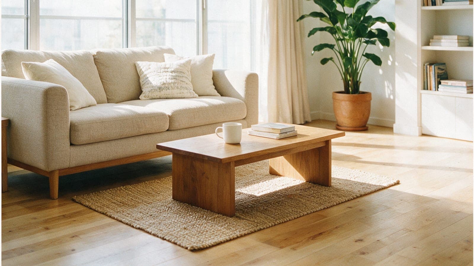 A living room after a Wahl 2 Wahl clean: clear surfaces, vacuumed rug, sunlight through clean windows.