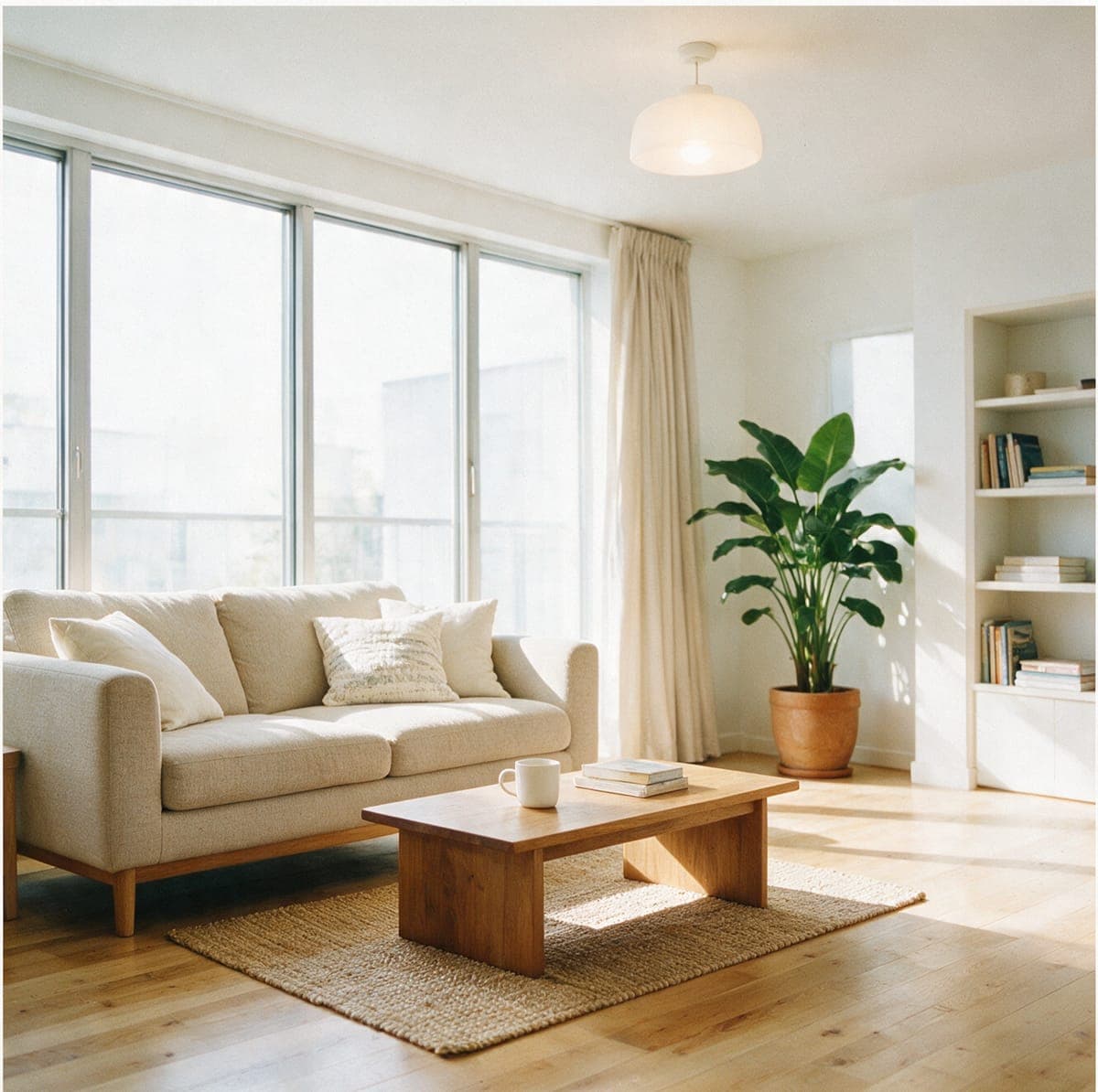 A bright living room after a deep clean: clear coffee table, vacuumed rug, sunlight through clean windows.