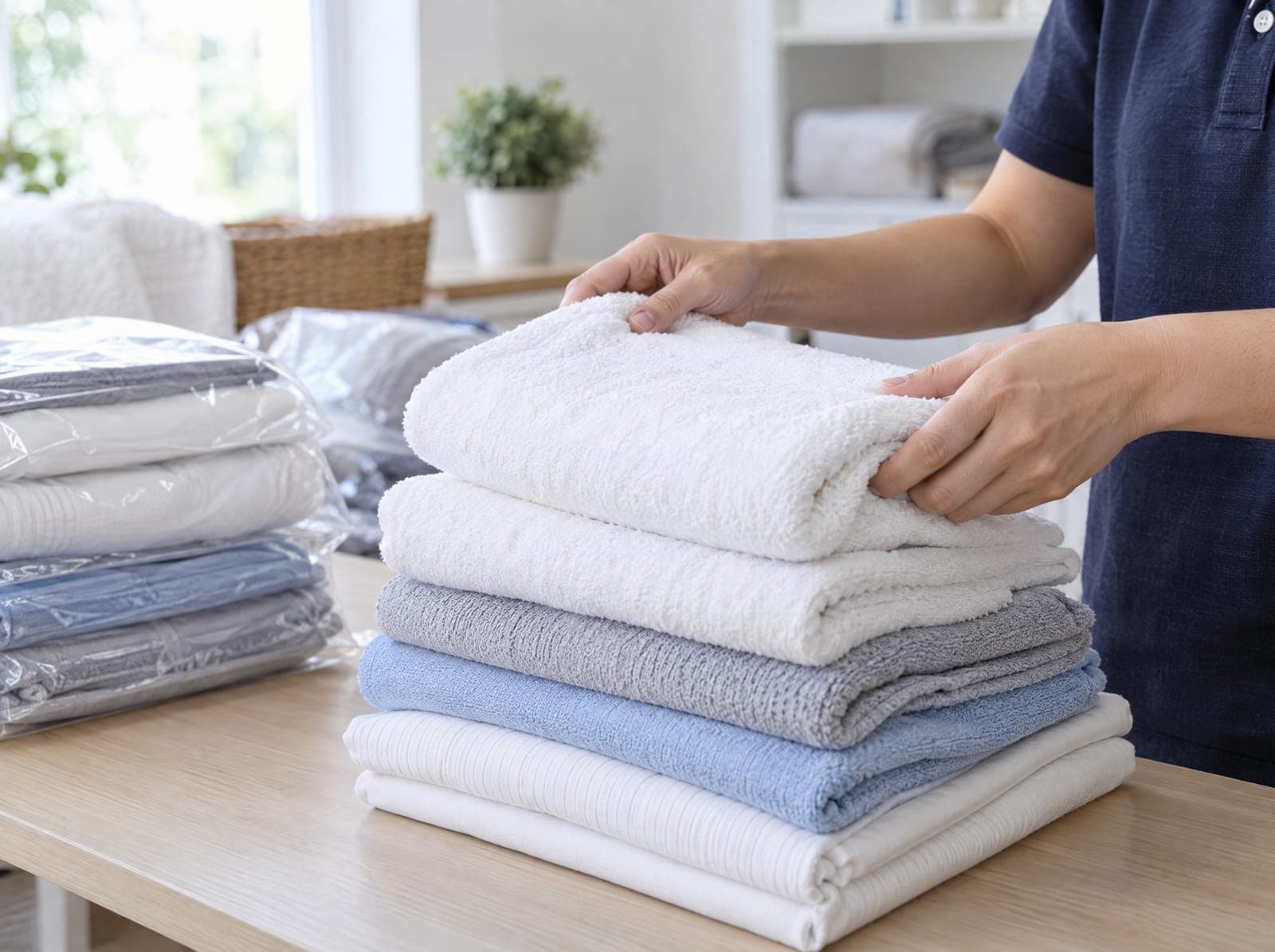 Hands folding a fresh white towel onto a stack of folded laundry on a pale wood table, more laundry already bagged beside it.