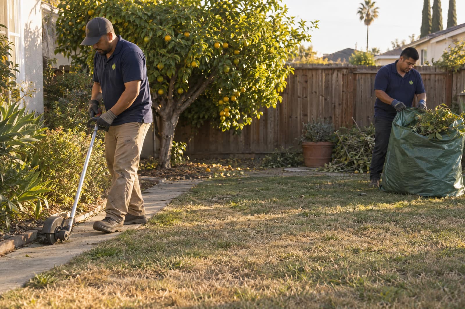 Two workers in navy polos clearing a back yard in late afternoon light: one edging along a path, one filling a green waste bag beside a lemon tree.